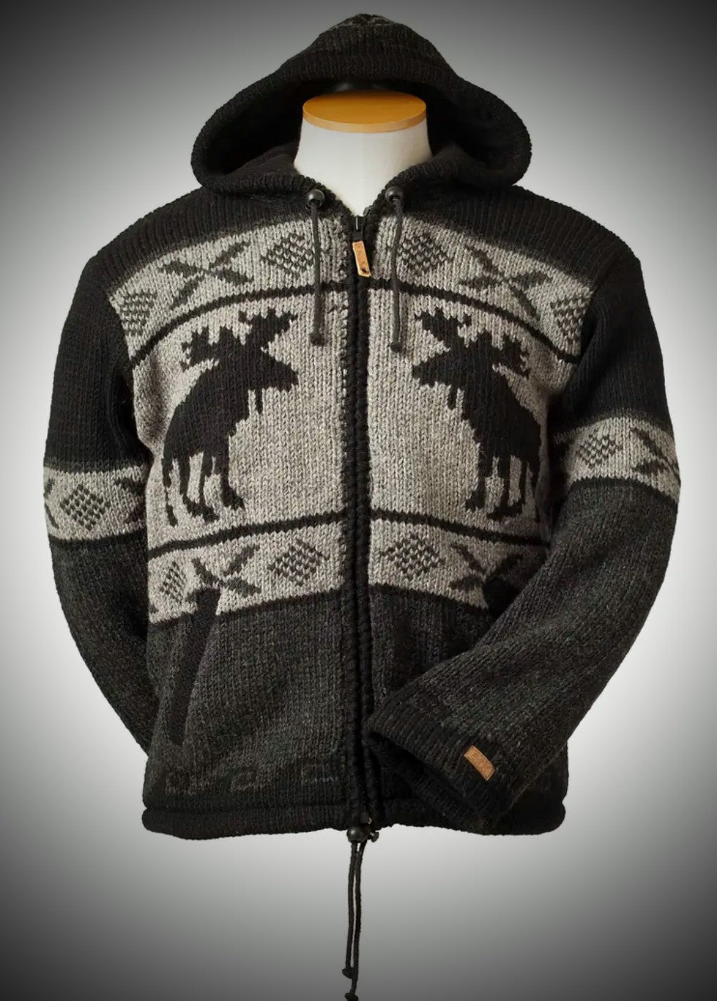 Unisex Wool Zip Front Hooded Jacket Moose Design