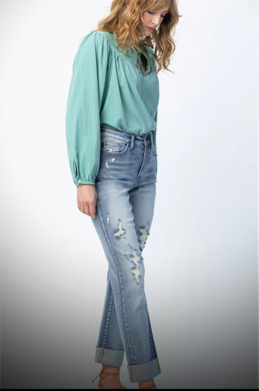 Judy Blue Distressed Roll Cuff Straight Leg