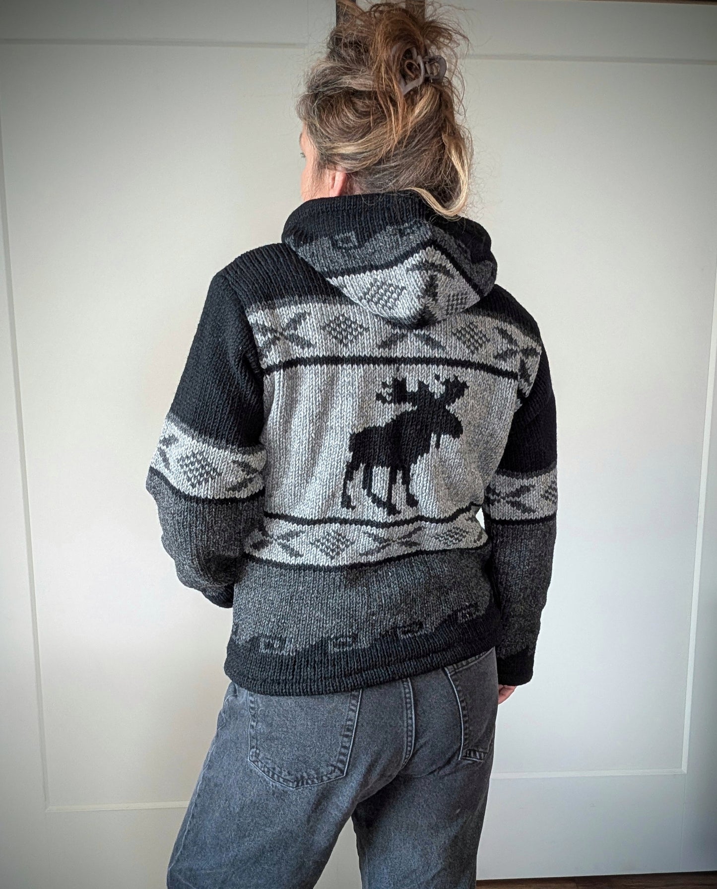 Unisex Wool Zip Front Hooded Jacket Moose Design