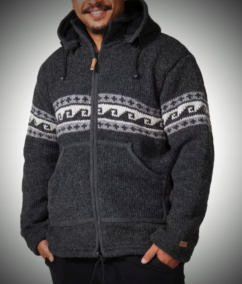 Unisex Wave Wool Zip Front Hooded Jacket
