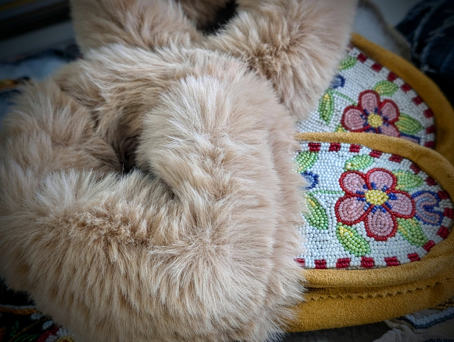 Genuine Leather Beaded Moccasins - Pink Flower