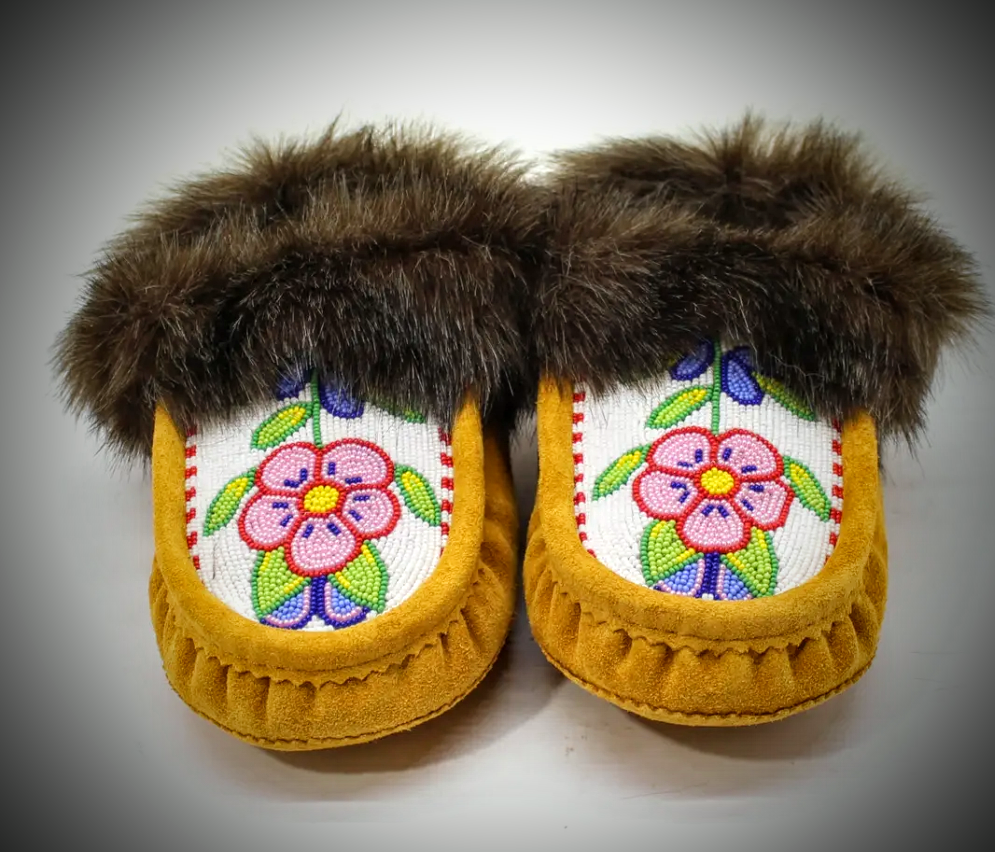 Genuine Leather Beaded Moccasins - Pink Flower