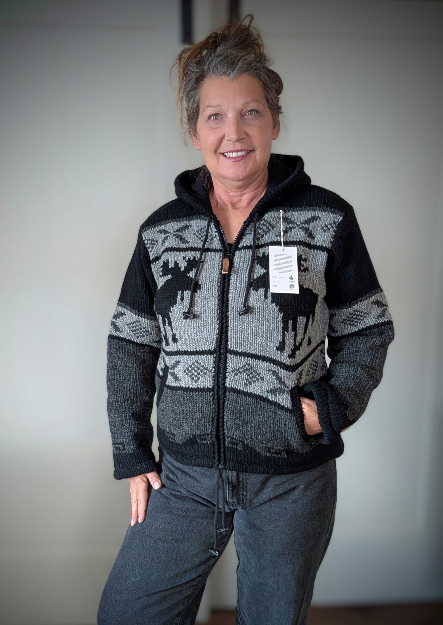 Unisex Wool Zip Front Hooded Jacket Moose Design