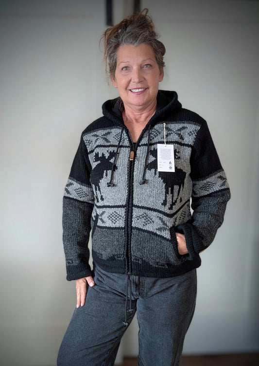 Unisex Wool Zip Front Hooded Jacket Moose Design