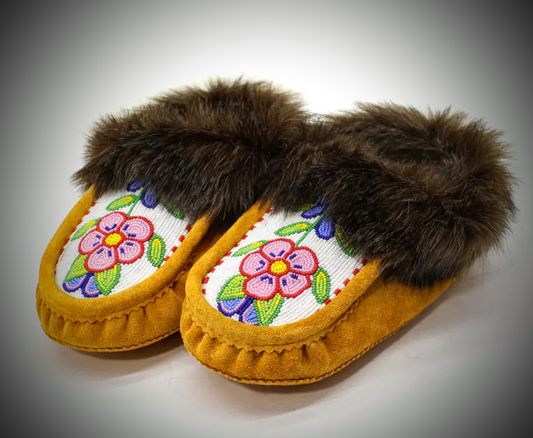 Genuine Leather Beaded Moccasins - Pink Flower